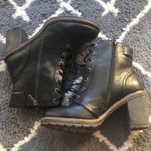 Black Leather Combat Heel Boots